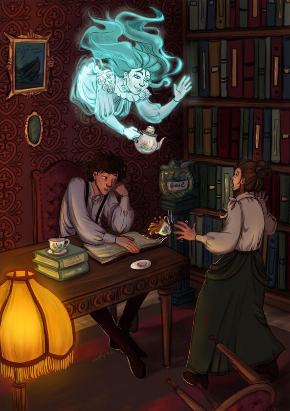 illustrazione di una scena del libro "Jackaby" di William Ritter: Miss Rook scopre l'esistenza del fantasma Jenny Cavanaugh
