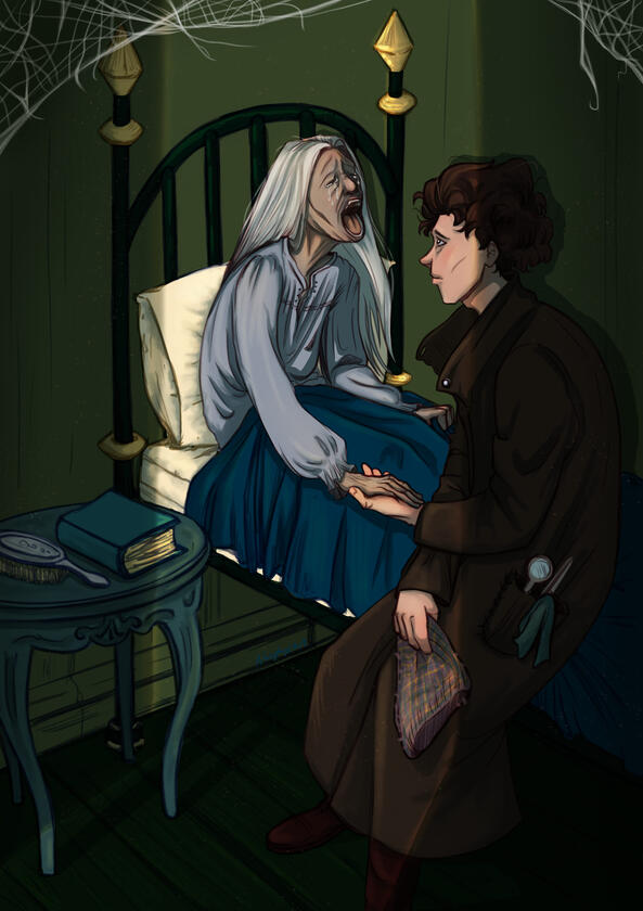 illustrazione di una scena tratta dal libro "Jackaby" di William Ritter: il detective incontra la banshee Mrs Morrigan