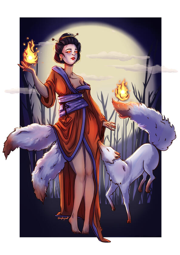 Illustrazione della kitsune, lo spirito volpe della tradizione folkloristica giapponese